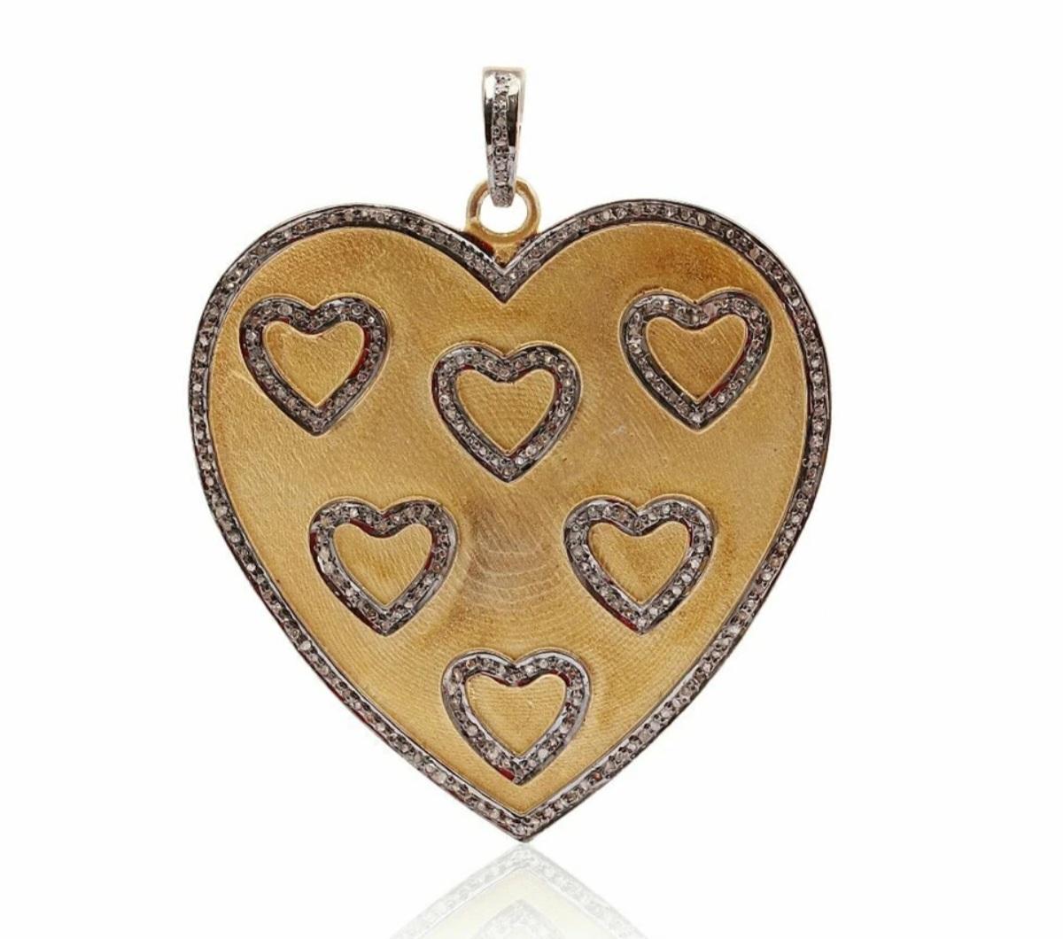 Art déco Pendentif diamant pavé pendentif coeur en argent 925 bicolore pendentif fait main cadeau. en vente