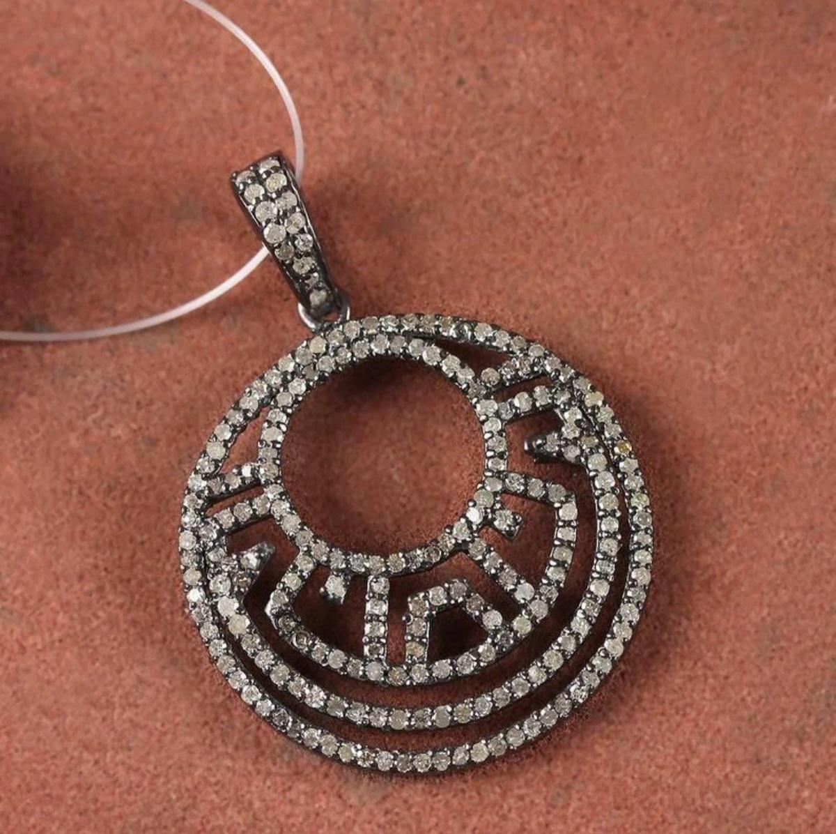 Art Deco Pave Diamond Pendant Findings 925 Sterling Silver Round Handmade Pendant. For Sale