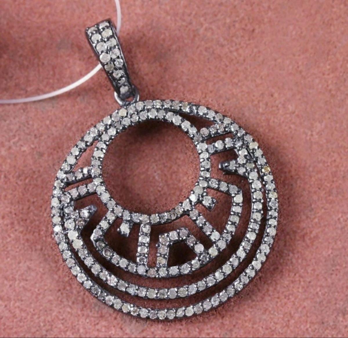 Round Cut Pave Diamond Pendant Findings 925 Sterling Silver Round Handmade Pendant. For Sale