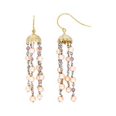 Pave Diamond Petal Cap Hoop Gold Earrings with Freshwater Pearl Dangle Drops