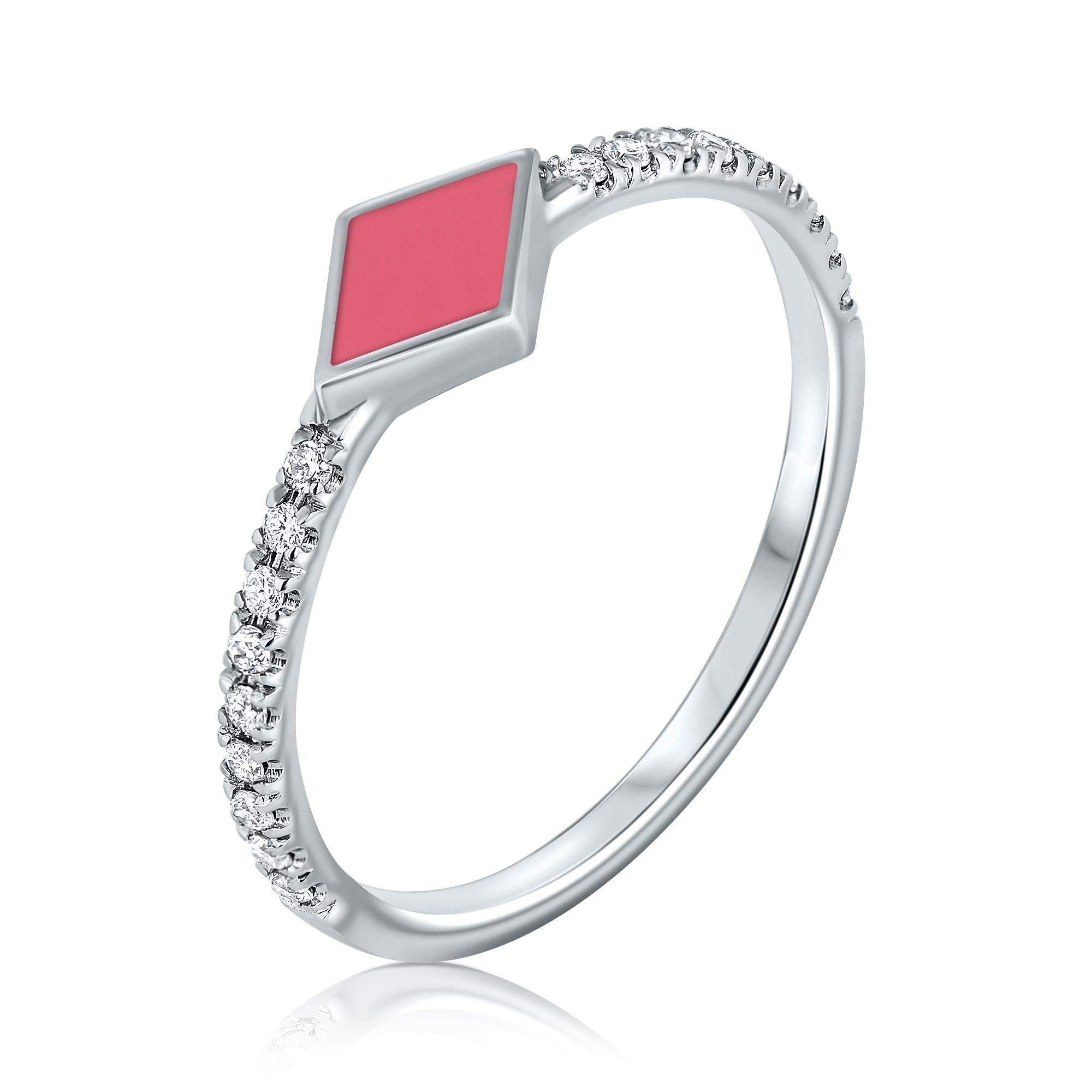 For Sale:  Pave Diamond Pink Enamel Rhombus Ring in 14K White Gold, Shlomit Rogel 3