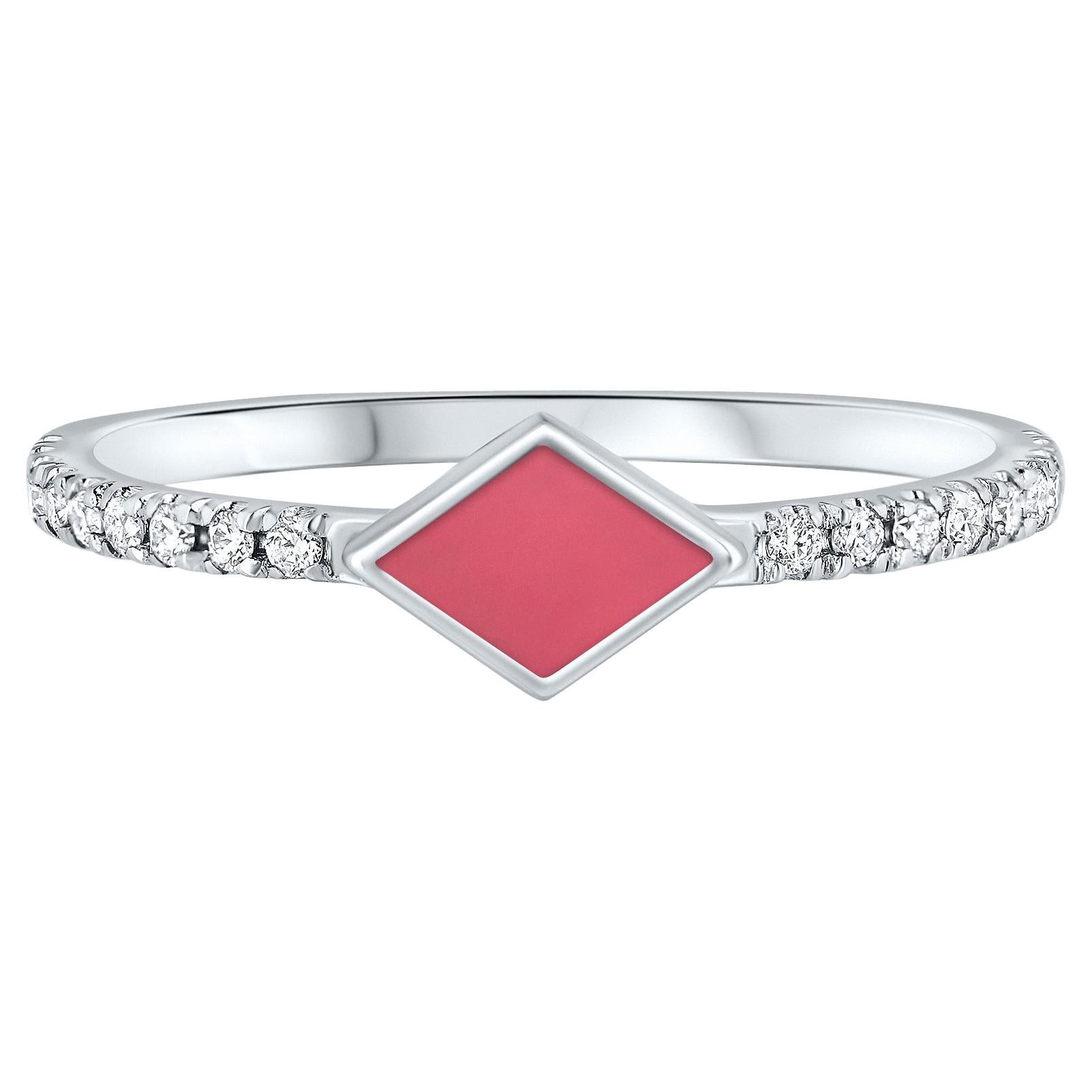 Pave Diamond Pink Enamel Rhombus Ring in 14K White Gold, Shlomit Rogel