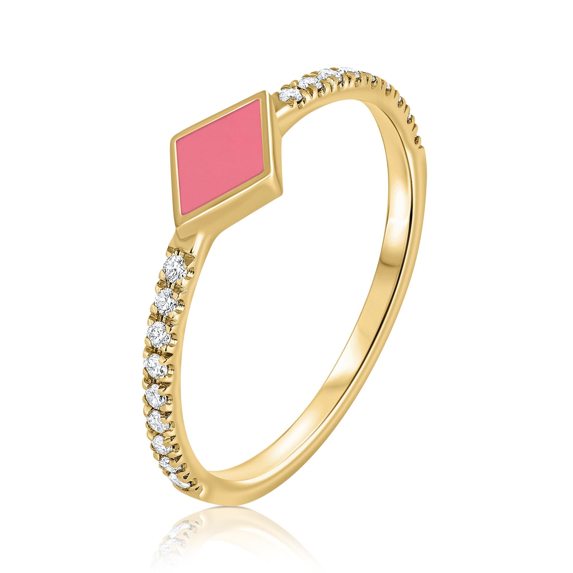 En vente :  Bague losange en émail rose avec diamant pavé en or jaune 14K, Shlomit Rogel 2