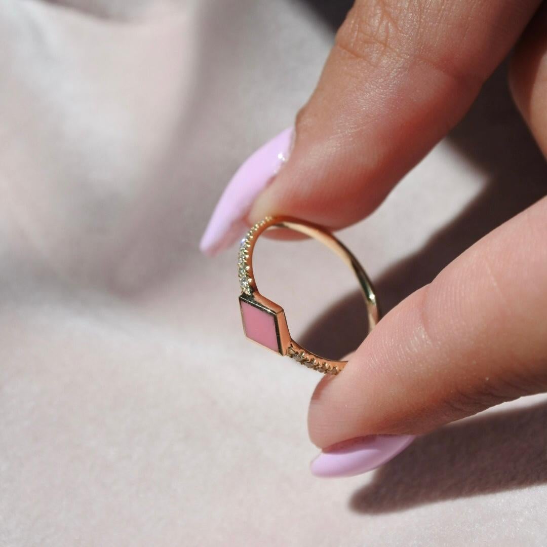 For Sale:  Pave Diamond Pink Enamel Rhombus Ring in 14K Yellow Gold, Shlomit Rogel 3