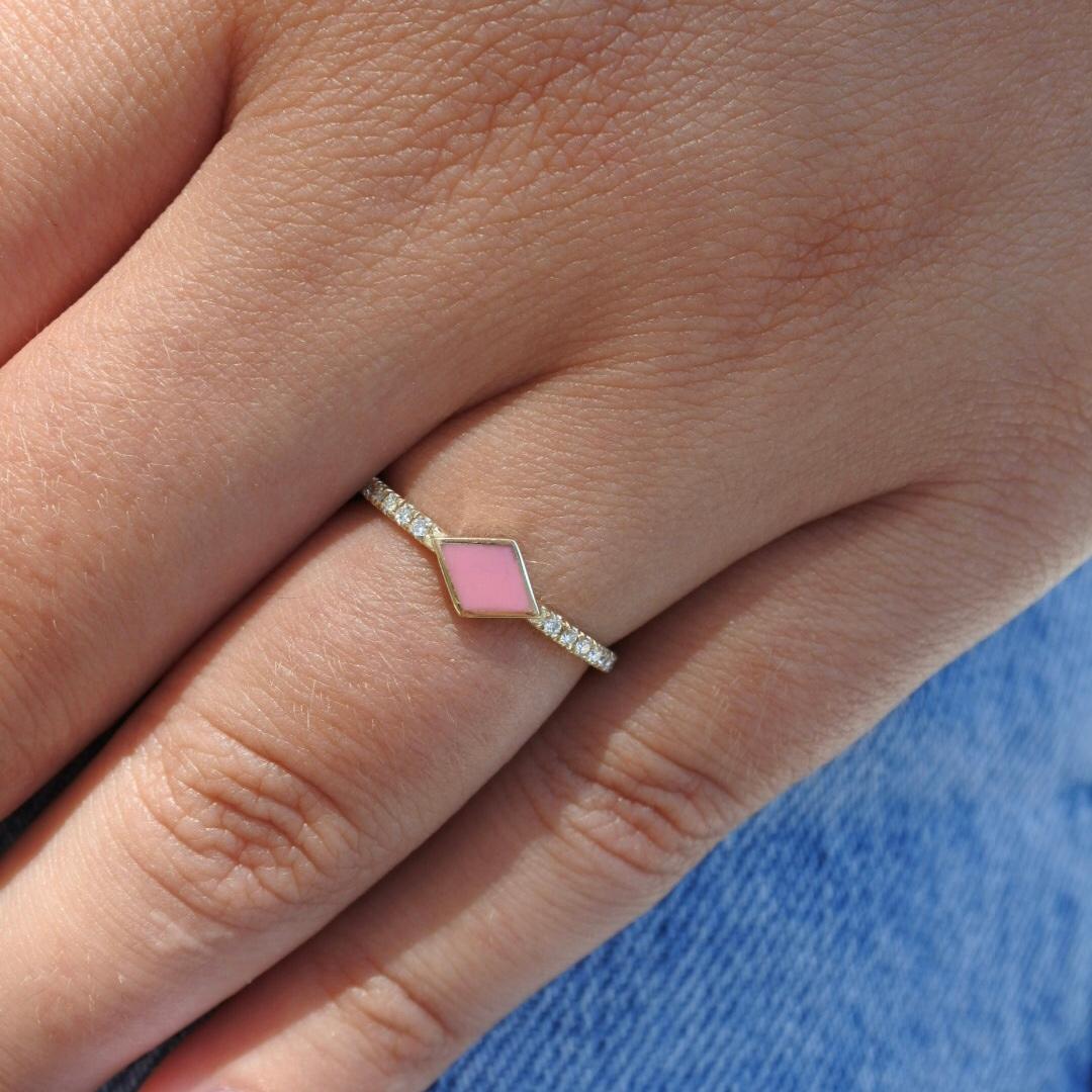 For Sale:  Pave Diamond Pink Enamel Rhombus Ring in 14K Yellow Gold, Shlomit Rogel 5