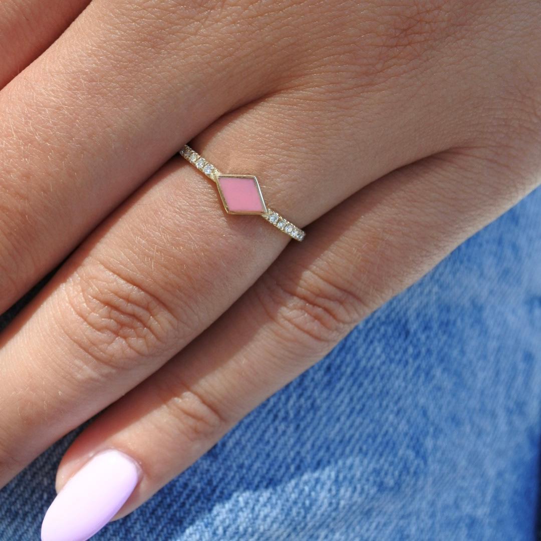 For Sale:  Pave Diamond Pink Enamel Rhombus Ring in 14K Yellow Gold, Shlomit Rogel 6