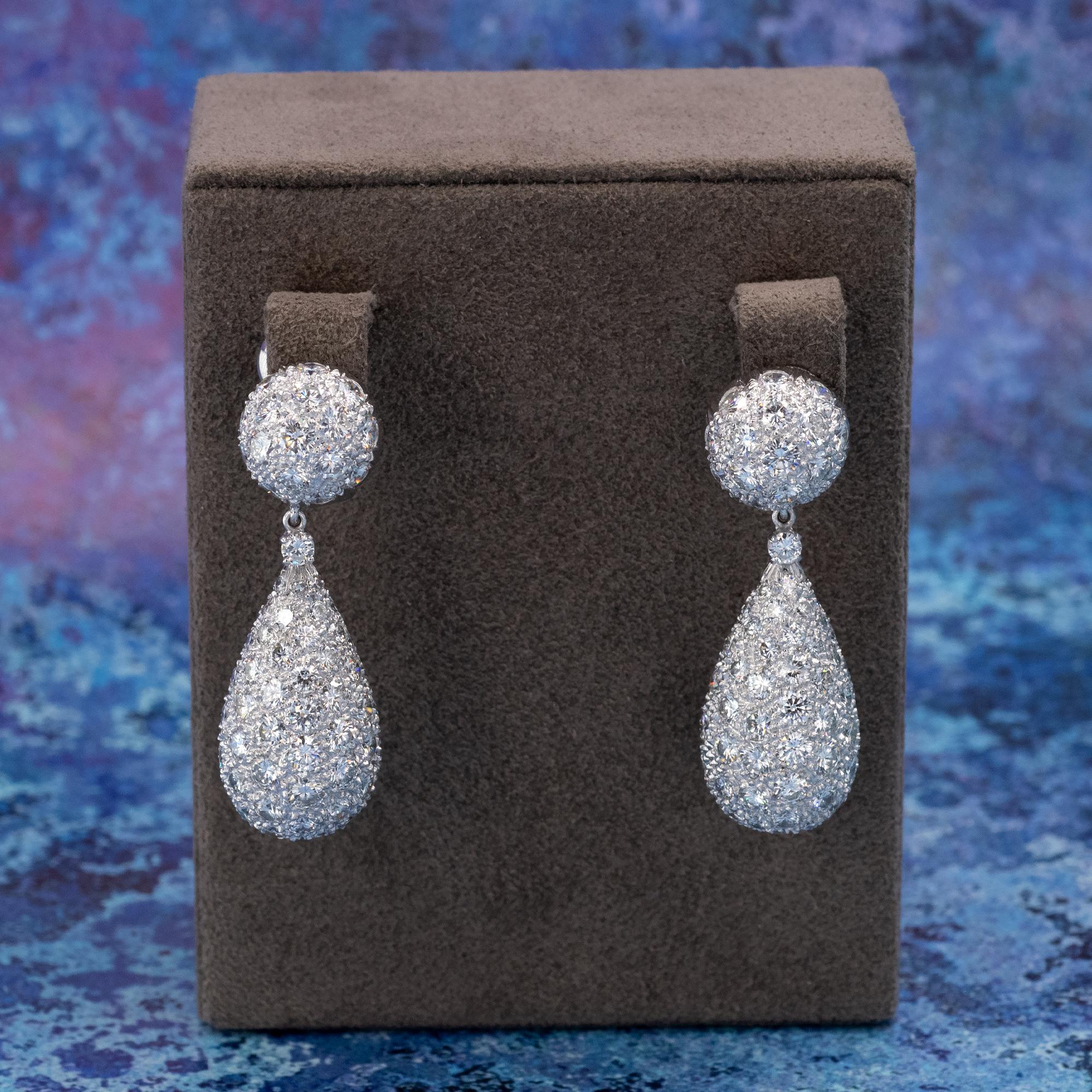 Contemporary Pave Diamond Platinum Drop Earrings For Sale