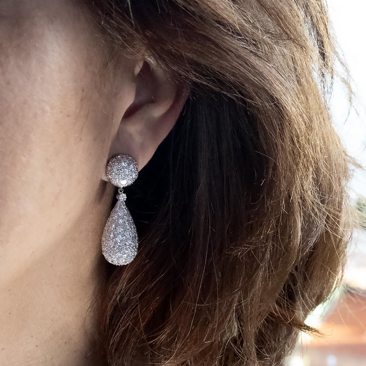Women's Pave Diamond Platinum Drop Earrings For Sale