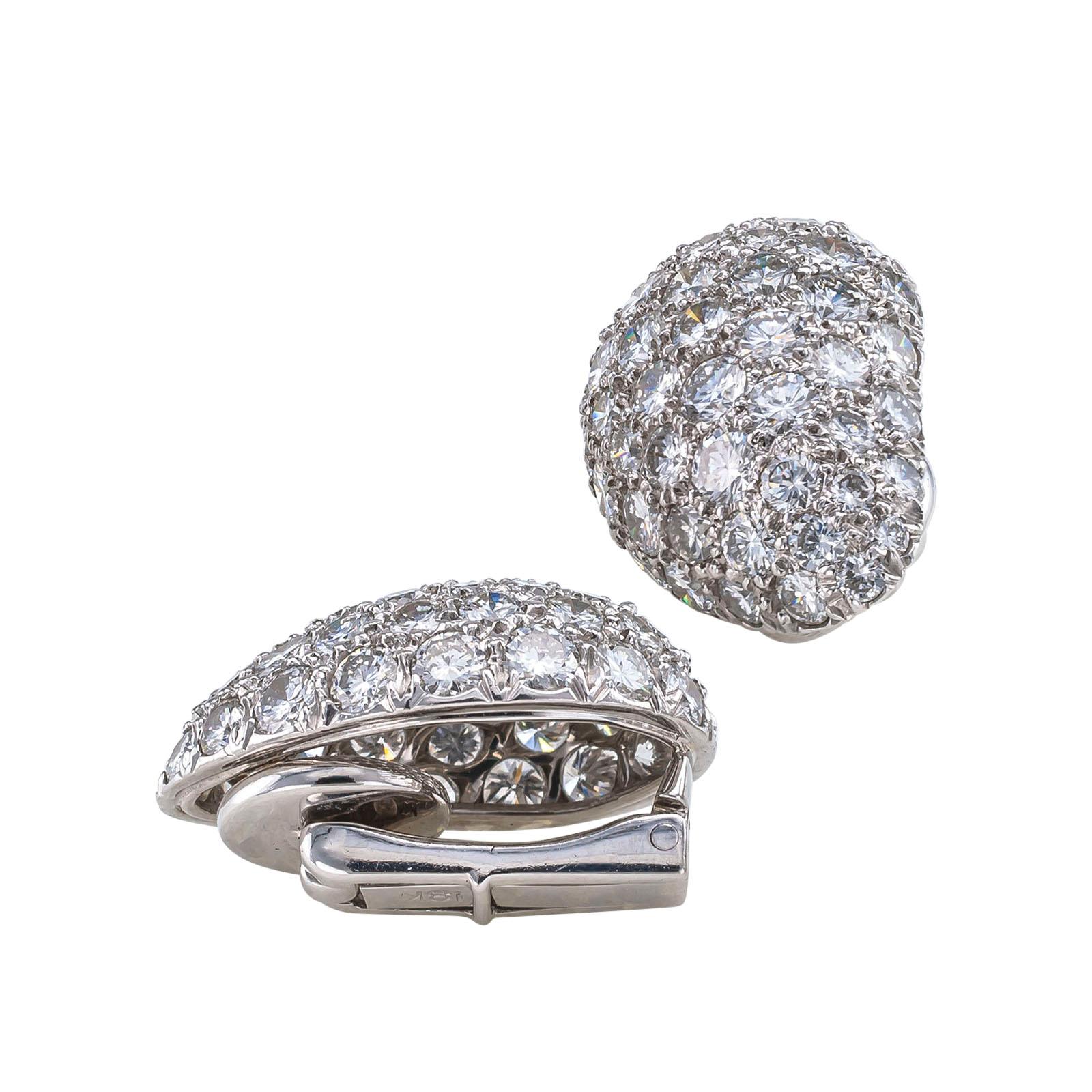 Round Cut Pave Diamond Platinum White Gold Ear Clips