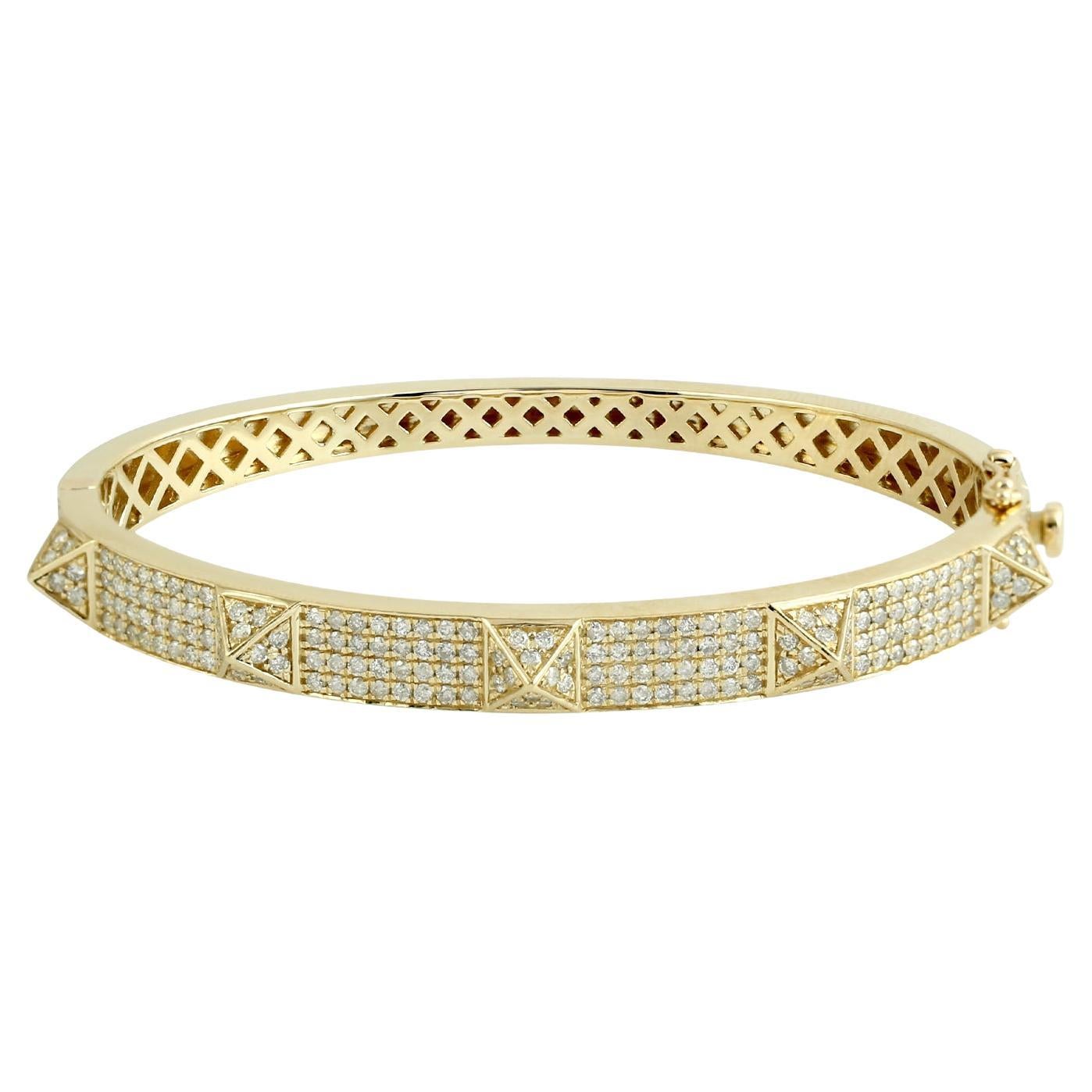 Pave Diamond Pyramid & Spike Bangle Made In 14k Yellow Gold