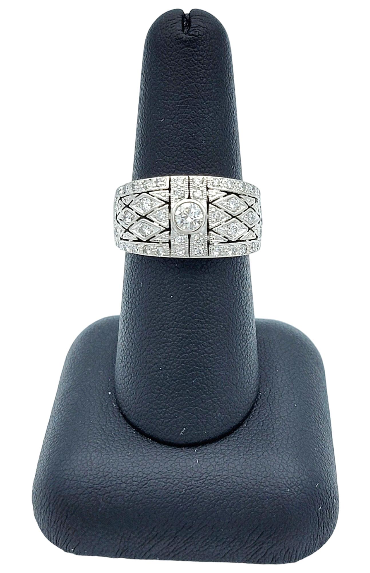 Pavé Diamond Quilted Design Cutout Band Ring with Milgrain, 14 Karat White Gold For Sale 4