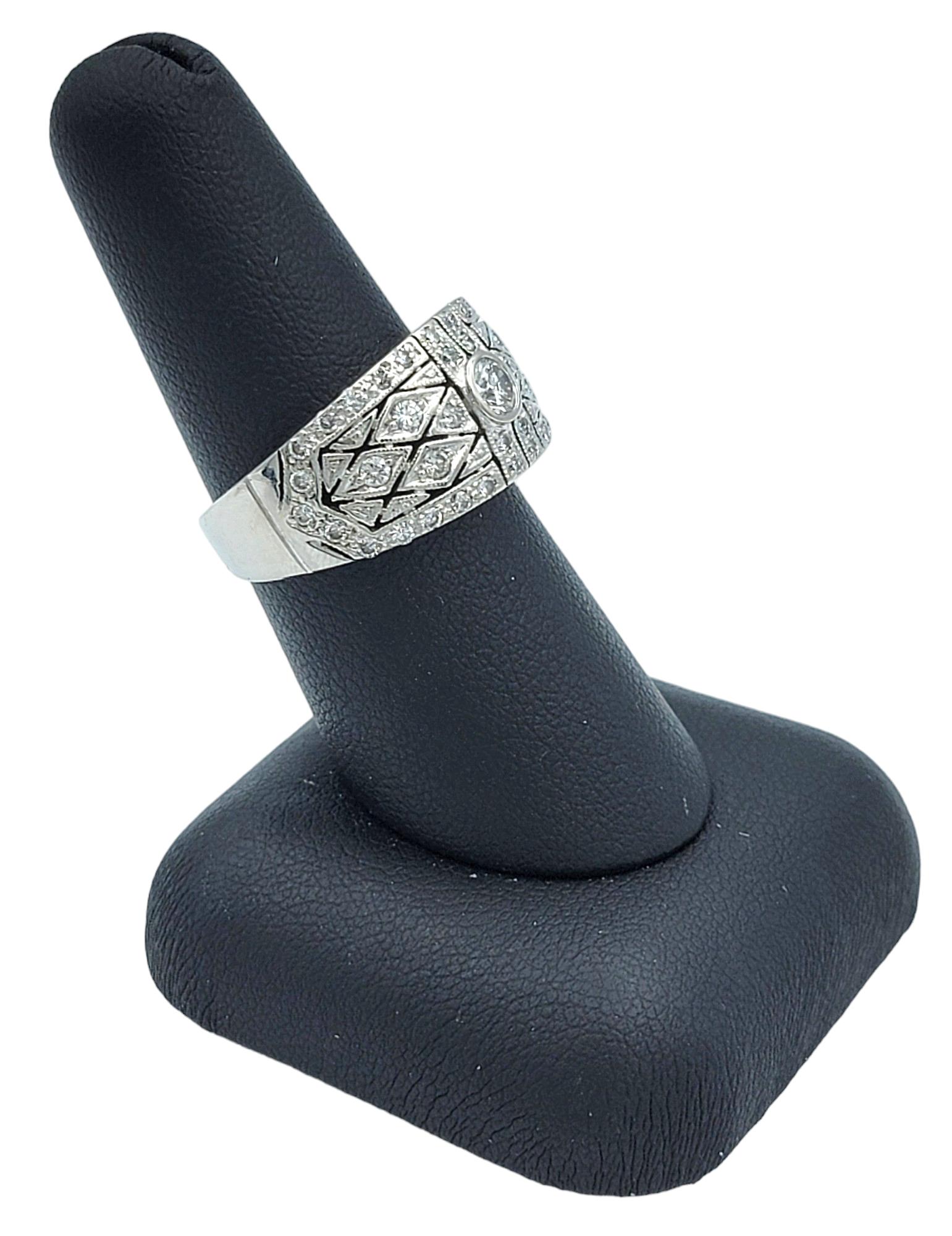 Pavé Diamond Quilted Design Cutout Band Ring with Milgrain, 14 Karat White Gold For Sale 5