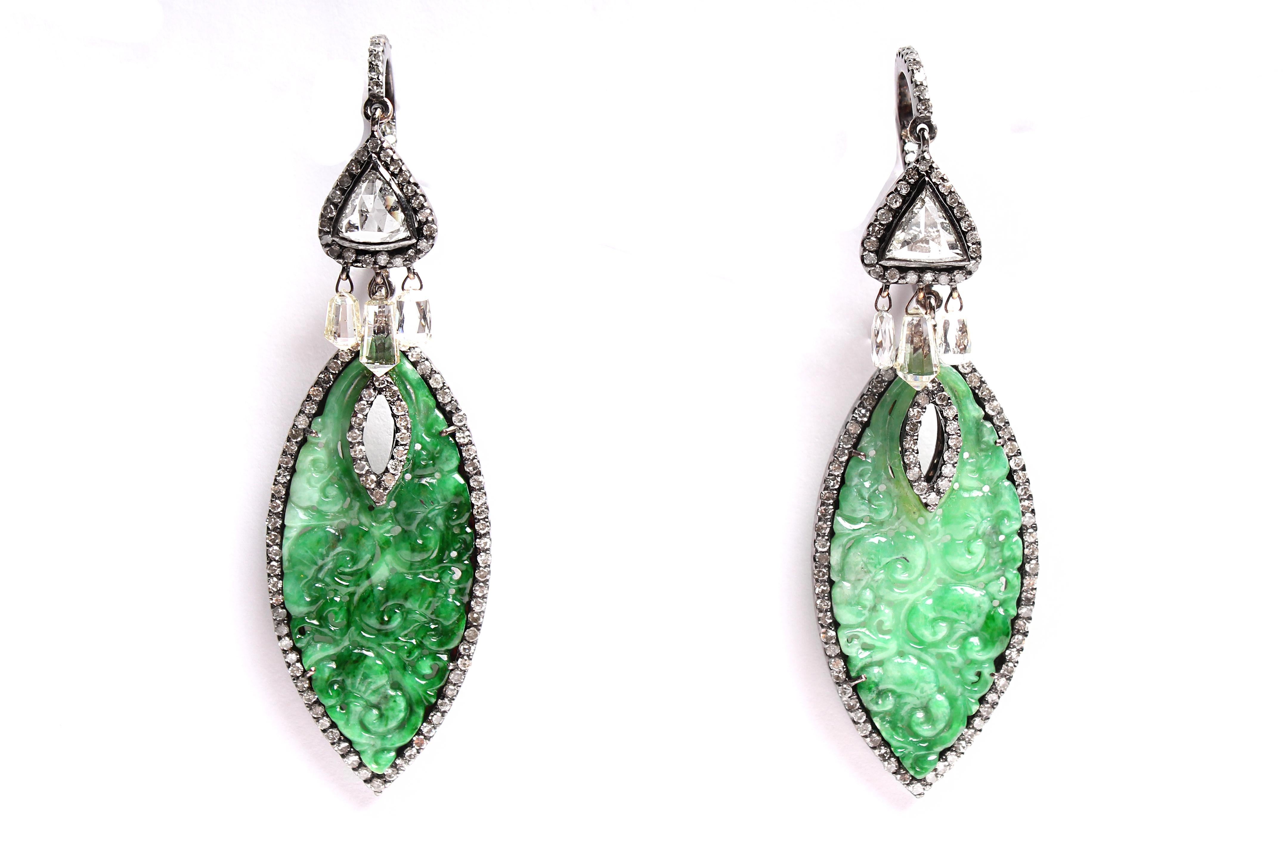 Contemporary Pave Diamond Raw Carved Emerald Polki Diamond Dangle Earrings Unique & Elegant  For Sale