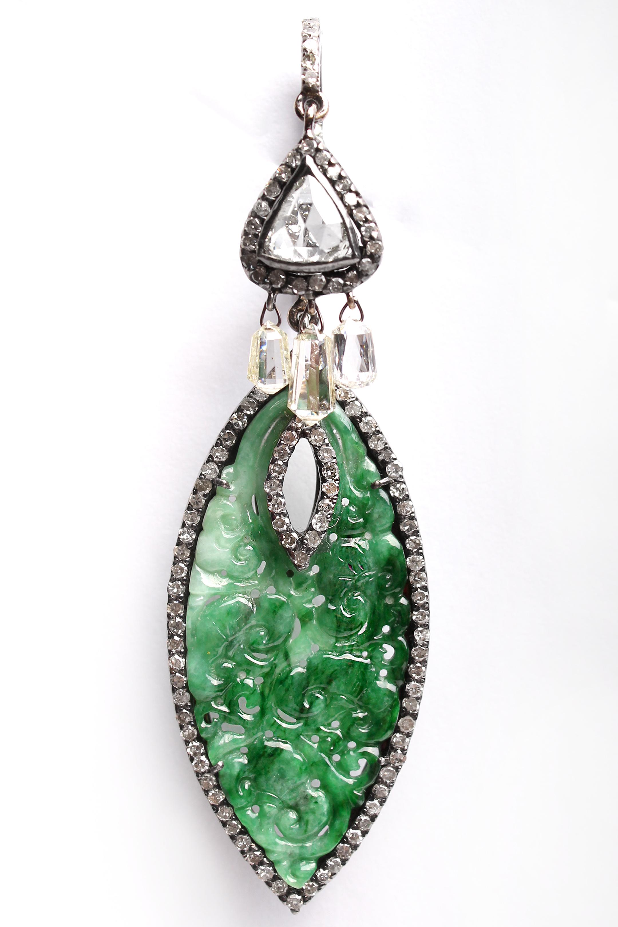 Pave Diamond Raw Carved Emerald Polki Diamond Dangle Earrings Unique & Elegant  For Sale 3