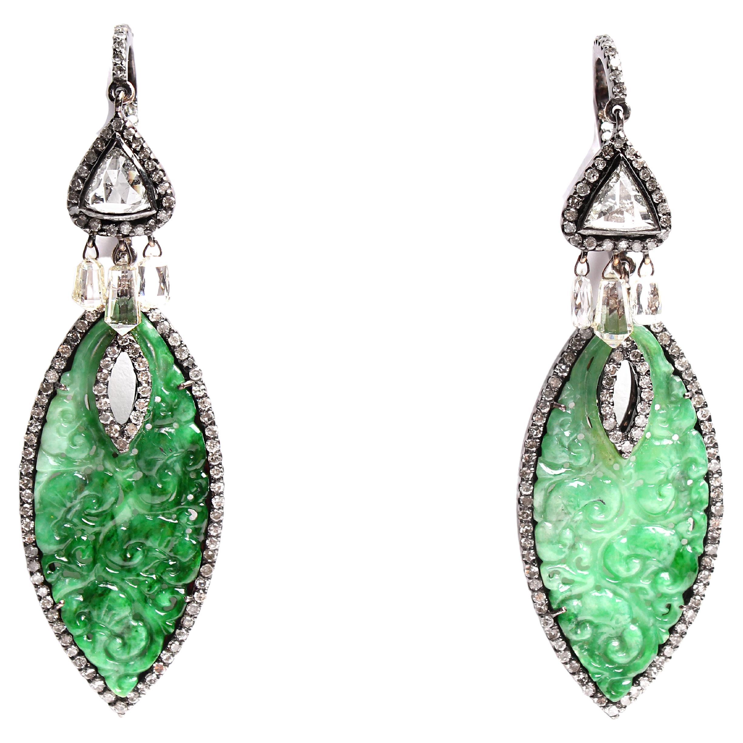 Pave Diamond Raw Carved Emerald Polki Diamond Dangle Earrings Unique & Elegant  For Sale