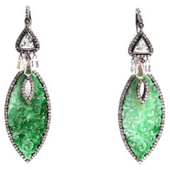 Pave Diamond Raw Carved Emerald Polki Diamond Dangle Earrings Unique & Elegant 