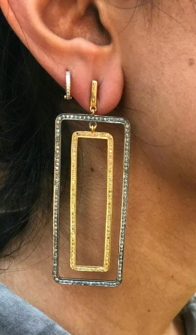 Round Cut Pave Diamond Rectangle Dangle Earring 925 Silver Diamond Long Wedding Earring For Sale