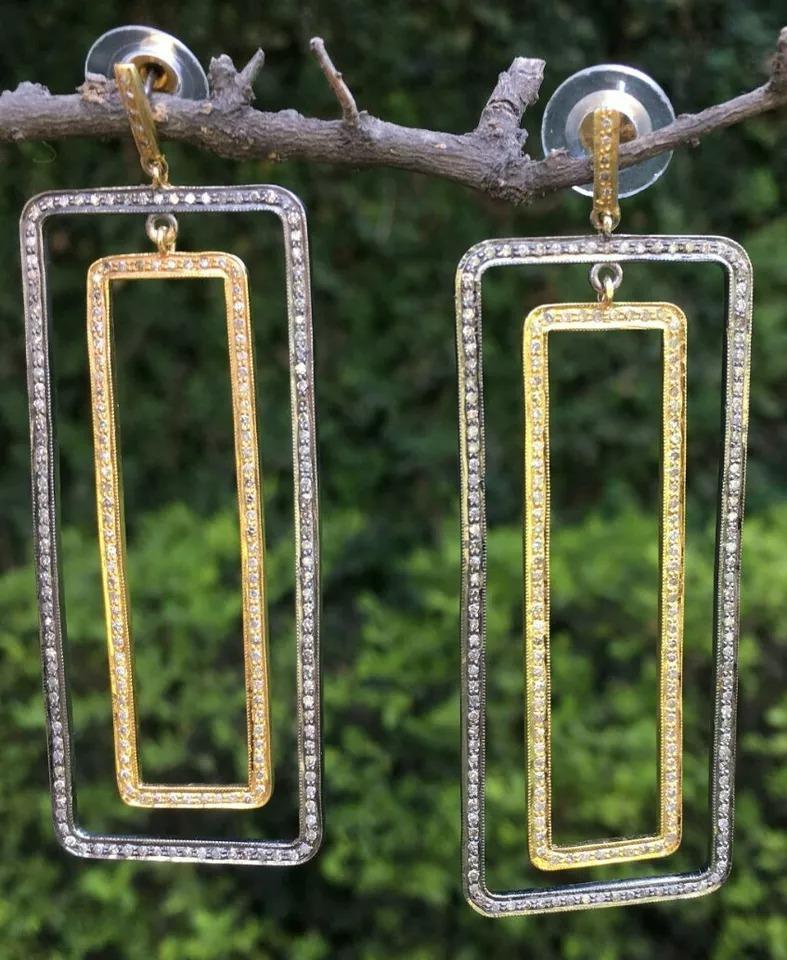 Pave Diamond Rectangle Dangle Earring 925 Silver Diamond Long Wedding Earring In New Condition For Sale In Chicago, IL