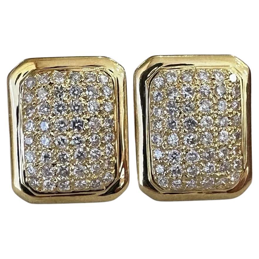 Pave Diamond Rectangular Button Earrings 1.74 carat total in 18k Yellow Gold