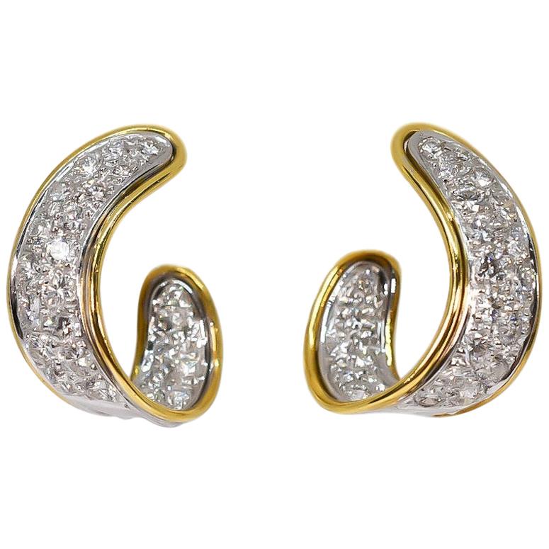 Pave Diamond Ribbon Hoop Earrings 2.01 Carat 18 Karat White and Yellow Gold For Sale