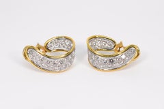 Pave Diamond Ribbon Hoop Earrings 2.01 Carat 18 Karat White and Yellow Gold