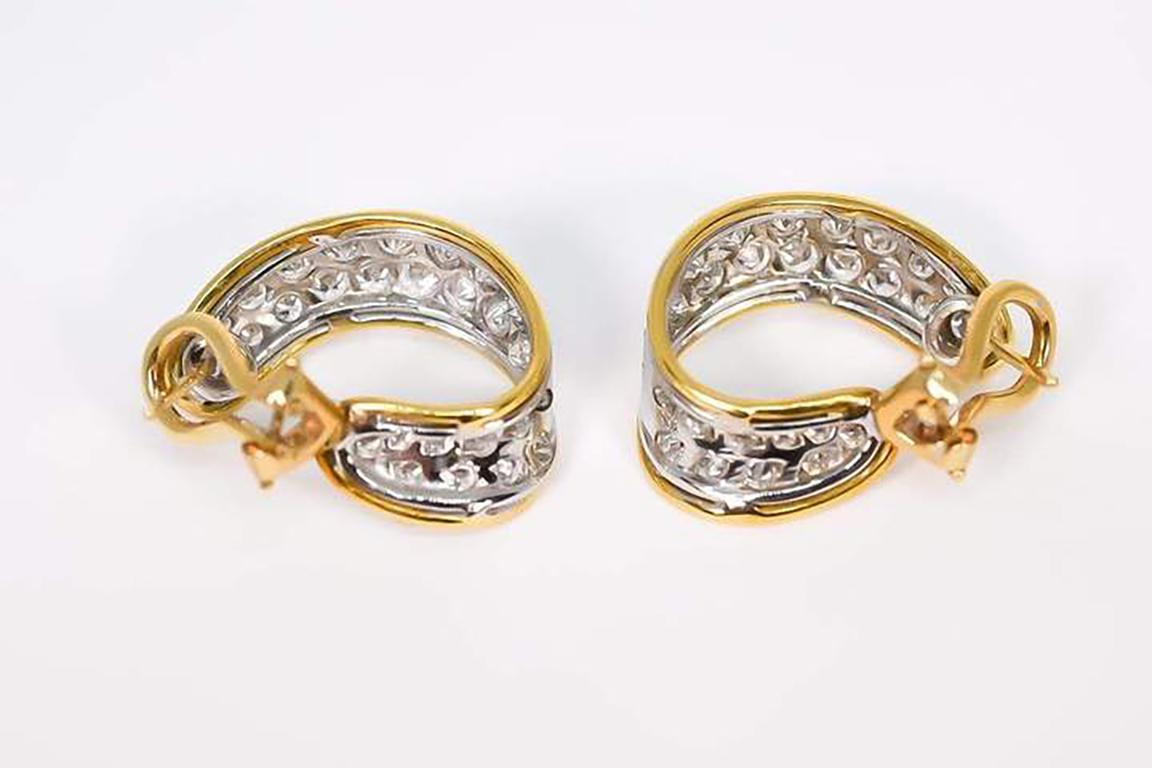 Round Cut Pave Diamond Ribbon Hoop Earrings 2.01Ctw 18K White & Yellow Gold For Sale