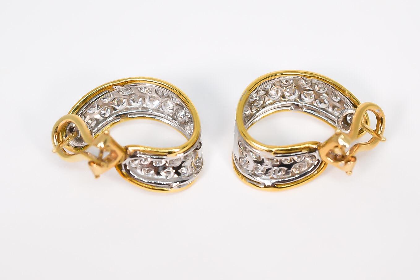 Round Cut Pave Diamond Ribbon Hoop Earrings 2.01 Carat 18 Karat White and Yellow Gold For Sale