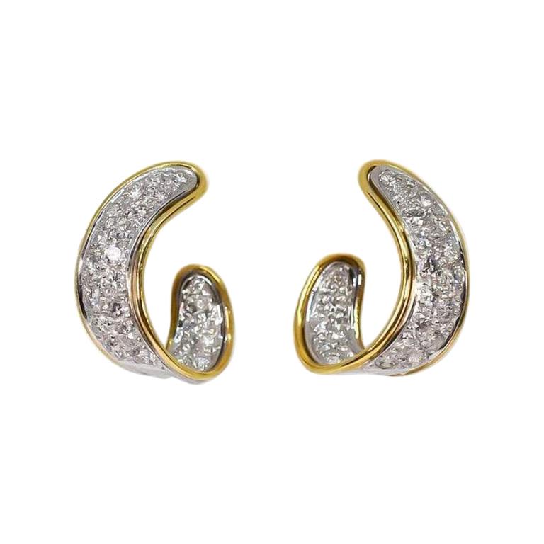 Pave Diamond Ribbon Hoop Earrings 2.01Ctw 18K White & Yellow Gold For Sale