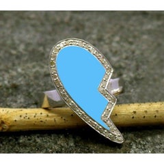 Pave Diamond Ring Blue Enamel Broken Heart Ring 925 Sterling Silver Enamel Ring.