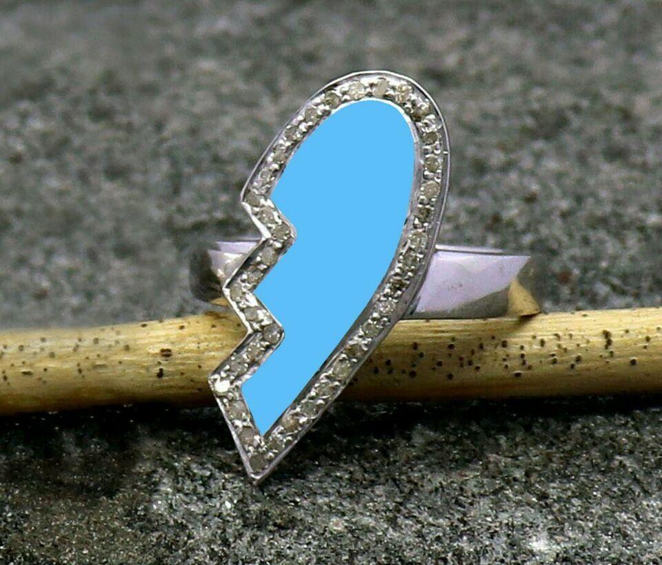 Art Deco Pave Diamond Ring Blue Enamel Broken Heart Ring 925 Sterling Silver Enamel Ring.