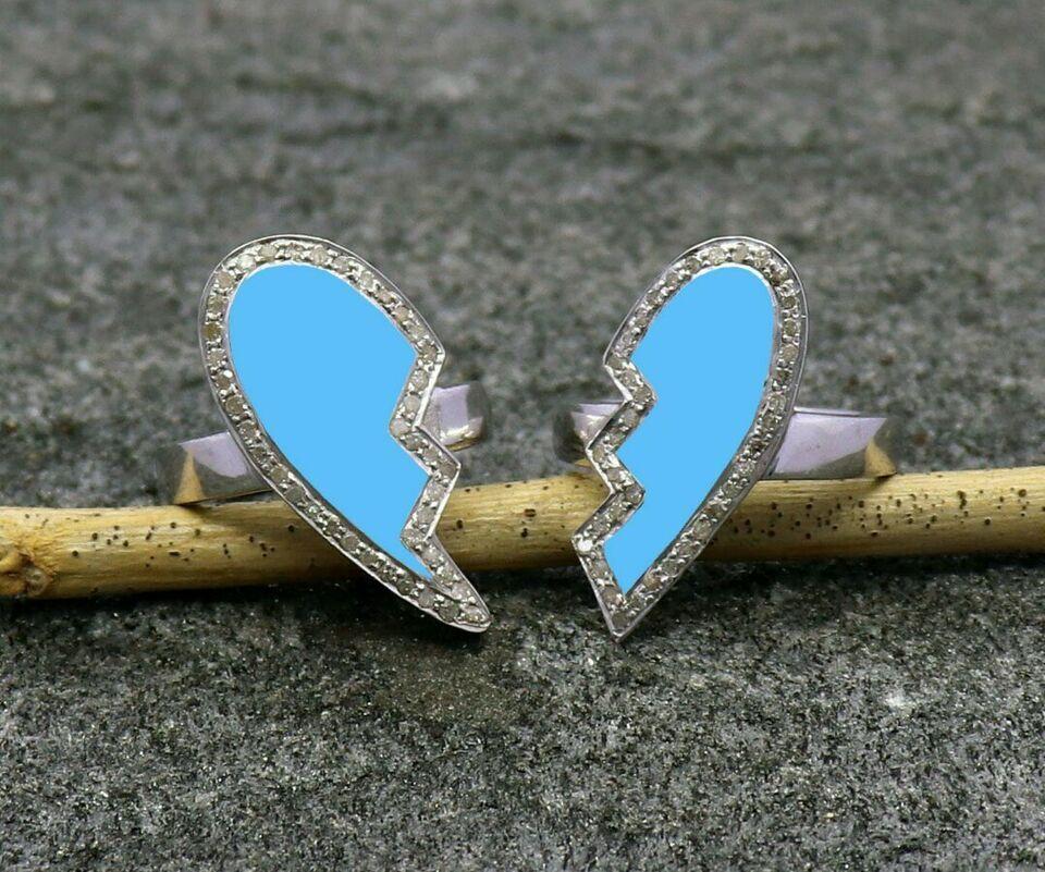 Round Cut Pave Diamond Ring Blue Enamel Broken Heart Ring 925 Sterling Silver Enamel Ring. For Sale