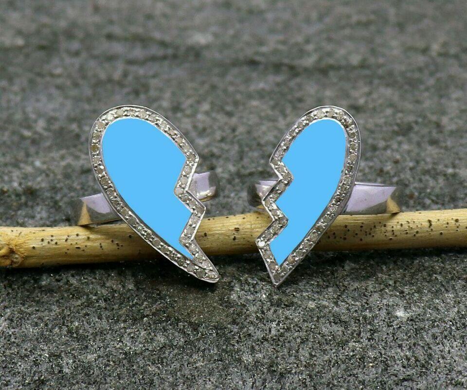 Round Cut Pave Diamond Ring Blue Enamel Broken Heart Ring 925 Sterling Silver Enamel Ring.