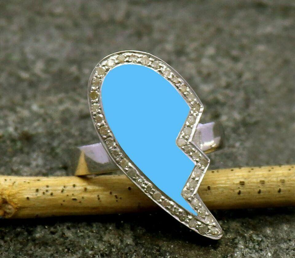 Pave Diamond Ring Blue Enamel Broken Heart Ring 925 Sterling Silver Enamel Ring. In New Condition In Chicago, IL