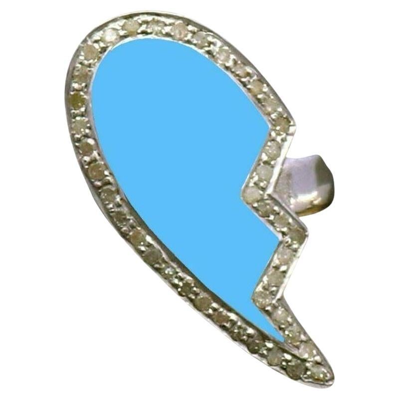 Pave Diamond Ring Blau Emaille Broken Heart Ring 925 Sterling Silber Emaille Ring. im Angebot