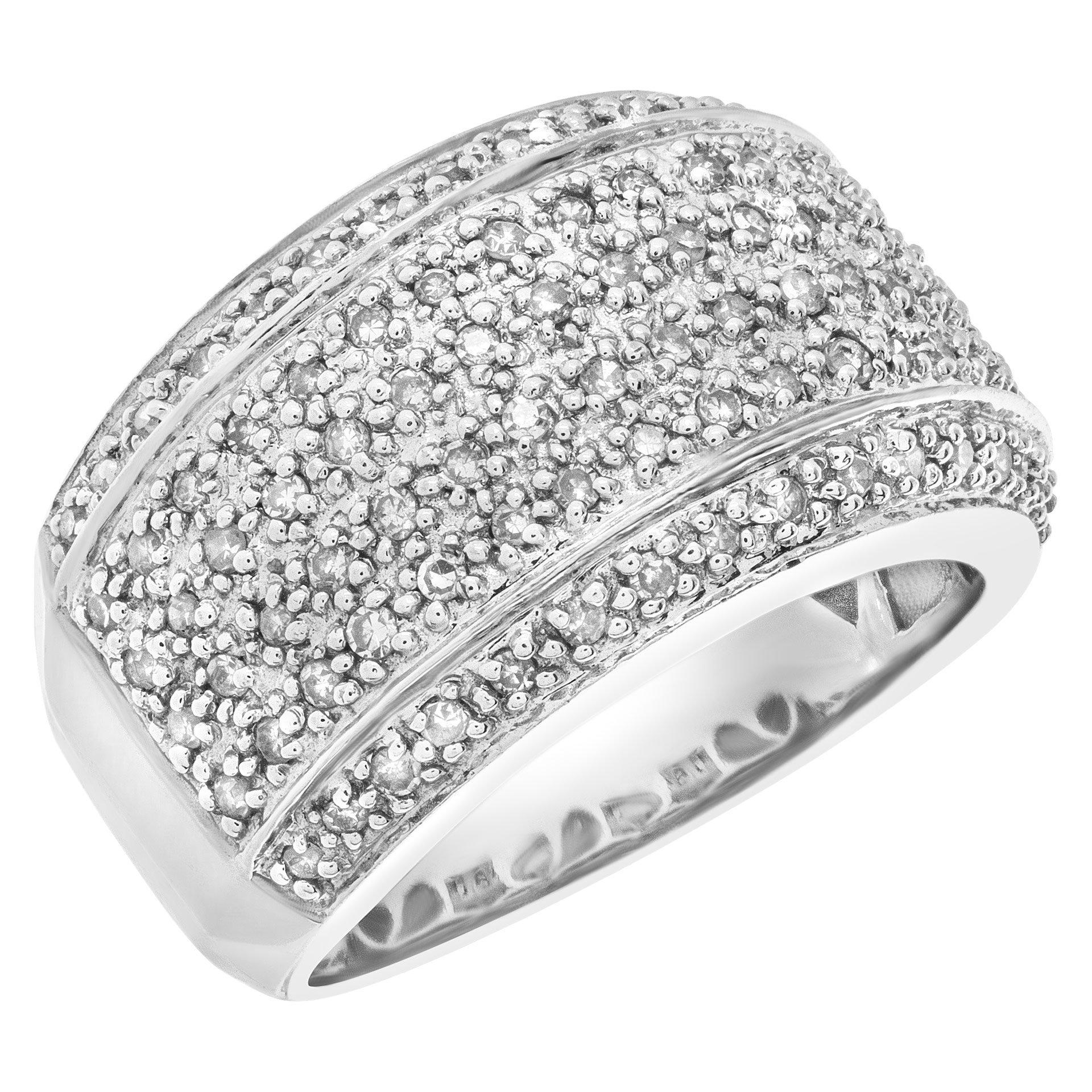 Pave Wide pave diamond ring in 14k white gold with approximately 0.96 carats in diamonds. Width at top: 13mm, width at shank: 6.5mm. Size 7.

This Diamond ring is currently size 7 and some items can be sized up or down, please ask! It weighs 5.1