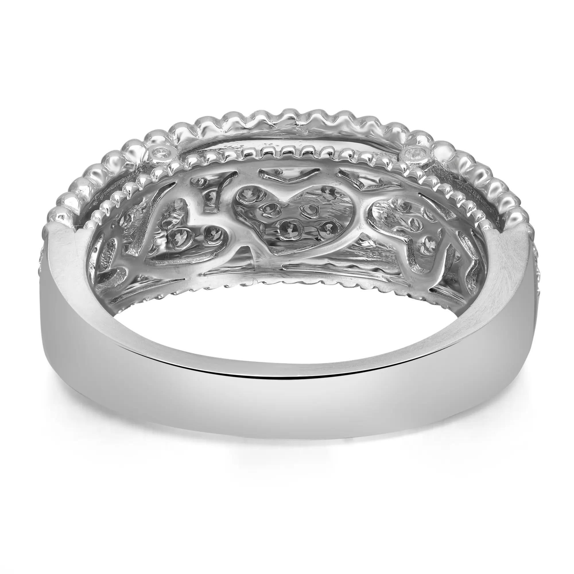 Chic and stylish, diamond ladies ring band adorned with pave set round brilliant cut diamonds weighing 1.00 carats. Diamond quality: I color and SI clarity. This ring makes a great gift for someone special. Crafted in highly polished 14K white gold.