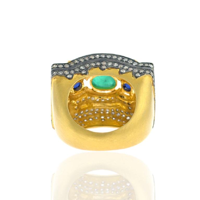 Artisan Pave Diamond Ring With Emerald & Sapphire Made In 18k Gold & Silver For Sale