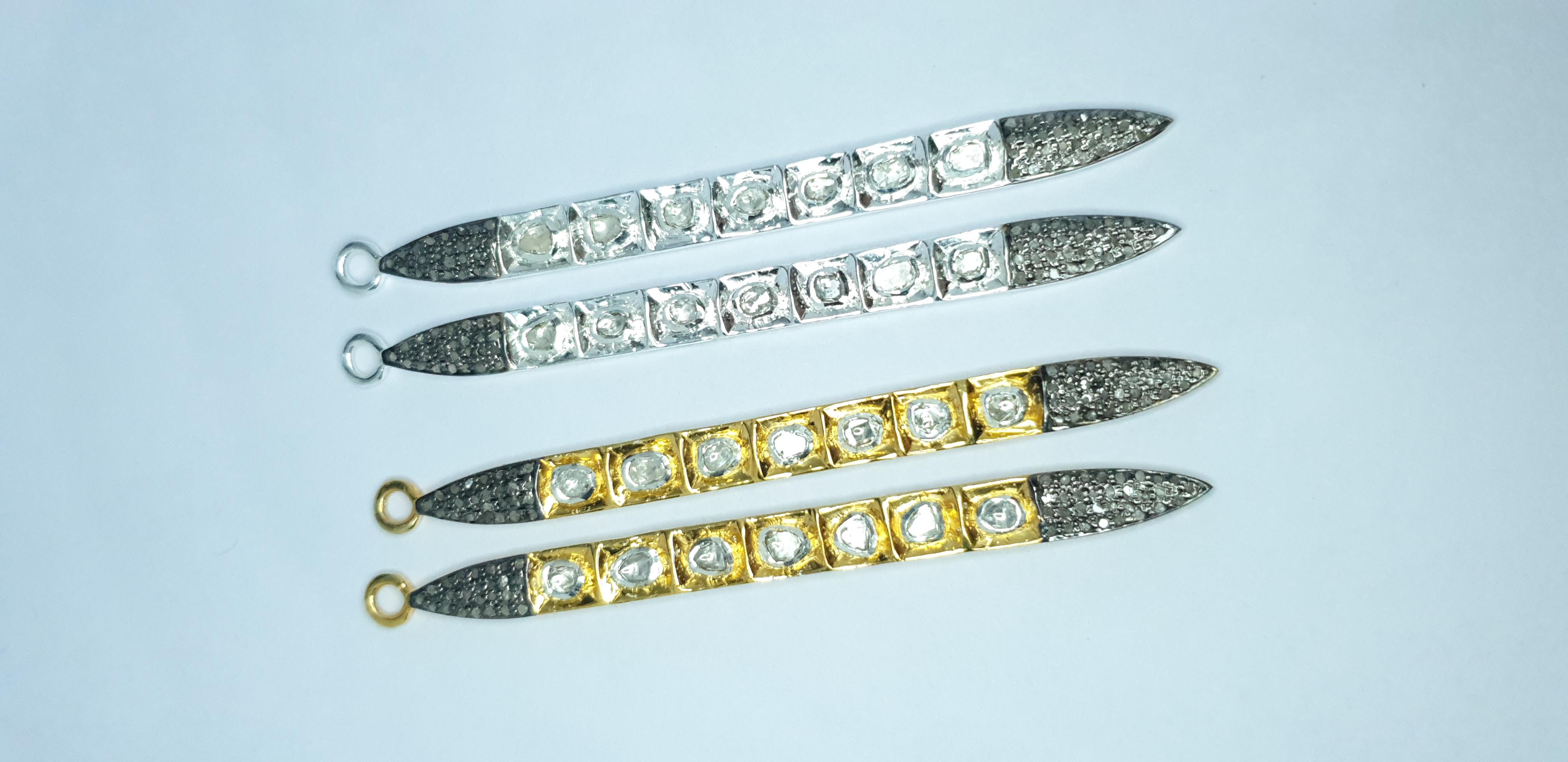 Pave Diamond Rose Cut Polki Spike Charm Pendant 925 Silver Diamond Charm Pendant For Sale 11