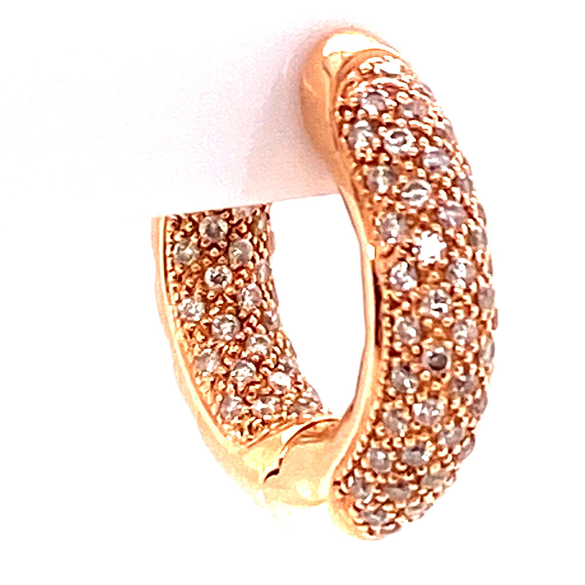 Pave Diamond Rose Gold In and Out Huggie Hoop Earrings In Excellent Condition In Boca Raton, FL