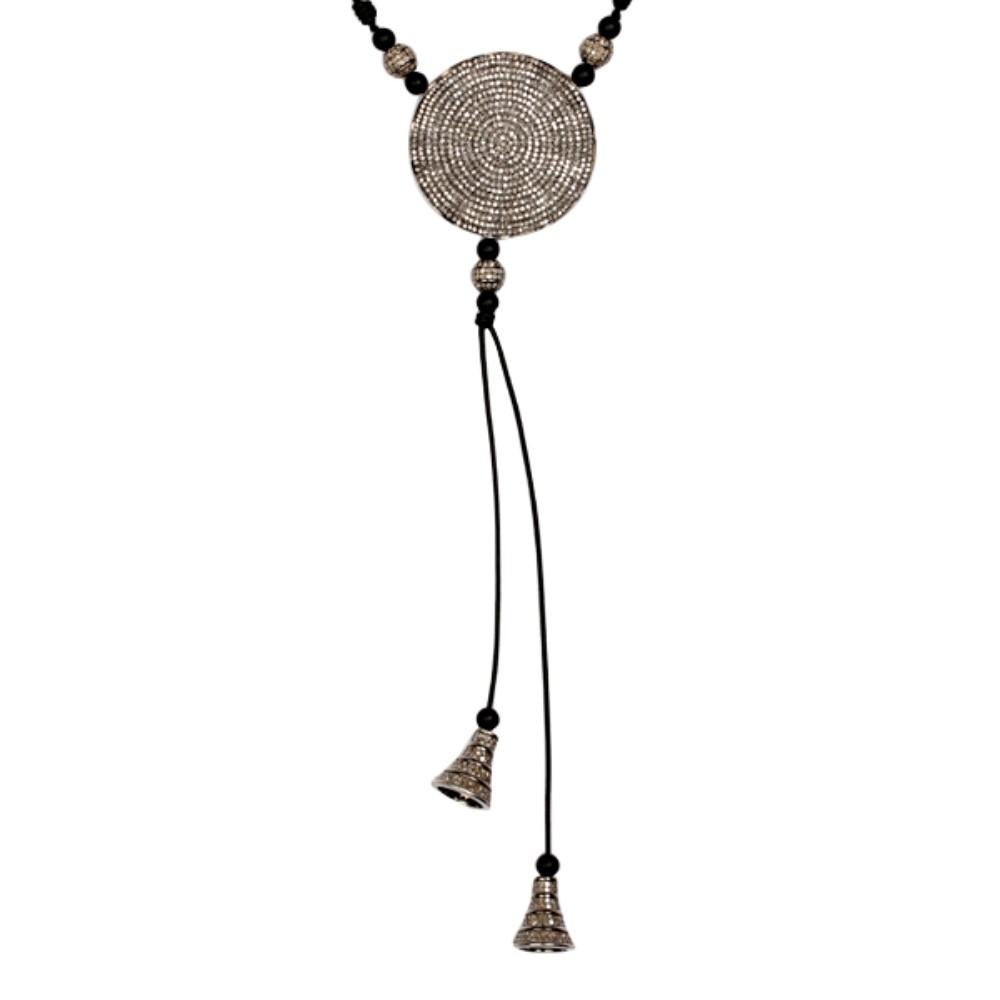 Introducing our stunning Pave Diamond Round Disc Macrame Necklace, featuring a luxurious combination of shimmering diamonds and bold black onyx, all set in high-quality sterling silver.

Diamond:11.98ct,
Silver:50.63gms,
BlackOnyx:12.12ct
Size: XXMM