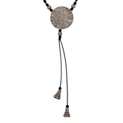 Pave Diamond Round Disc Macrame Necklace with Black Onyx Made in Silver