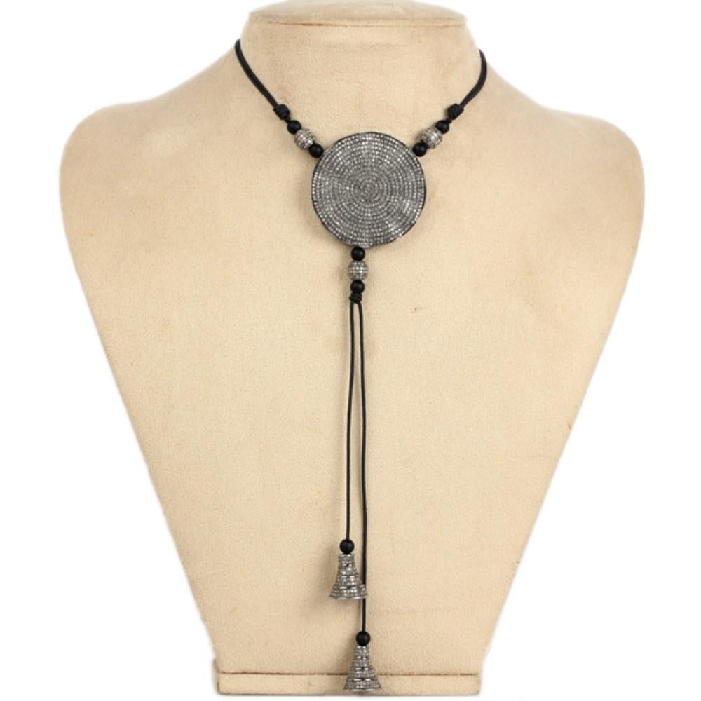 Art Deco Pave Diamond Round Disc Macrame Necklace with Black Onyx Made in Silver For Sale