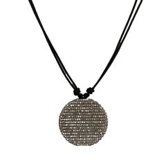 Pave Diamond Round Disc Pendant Rope Necklace Made In Silver