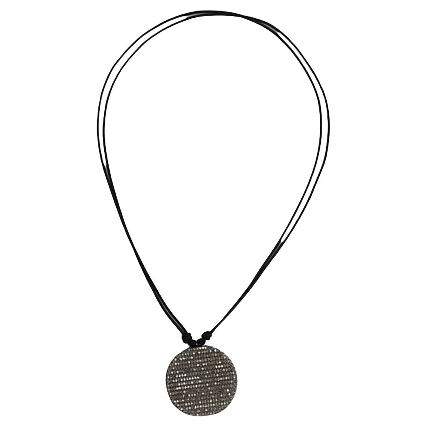 Pave Diamond Round Disc Pendant Rope Necklace Made In Silver