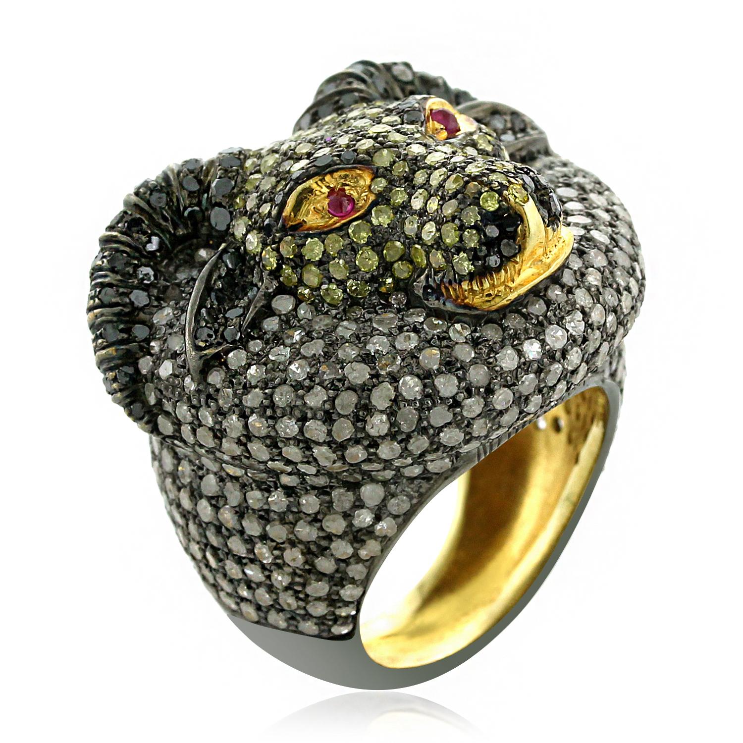 Art Nouveau Pave Diamond & Ruby Bull Face Ring Made in Silver