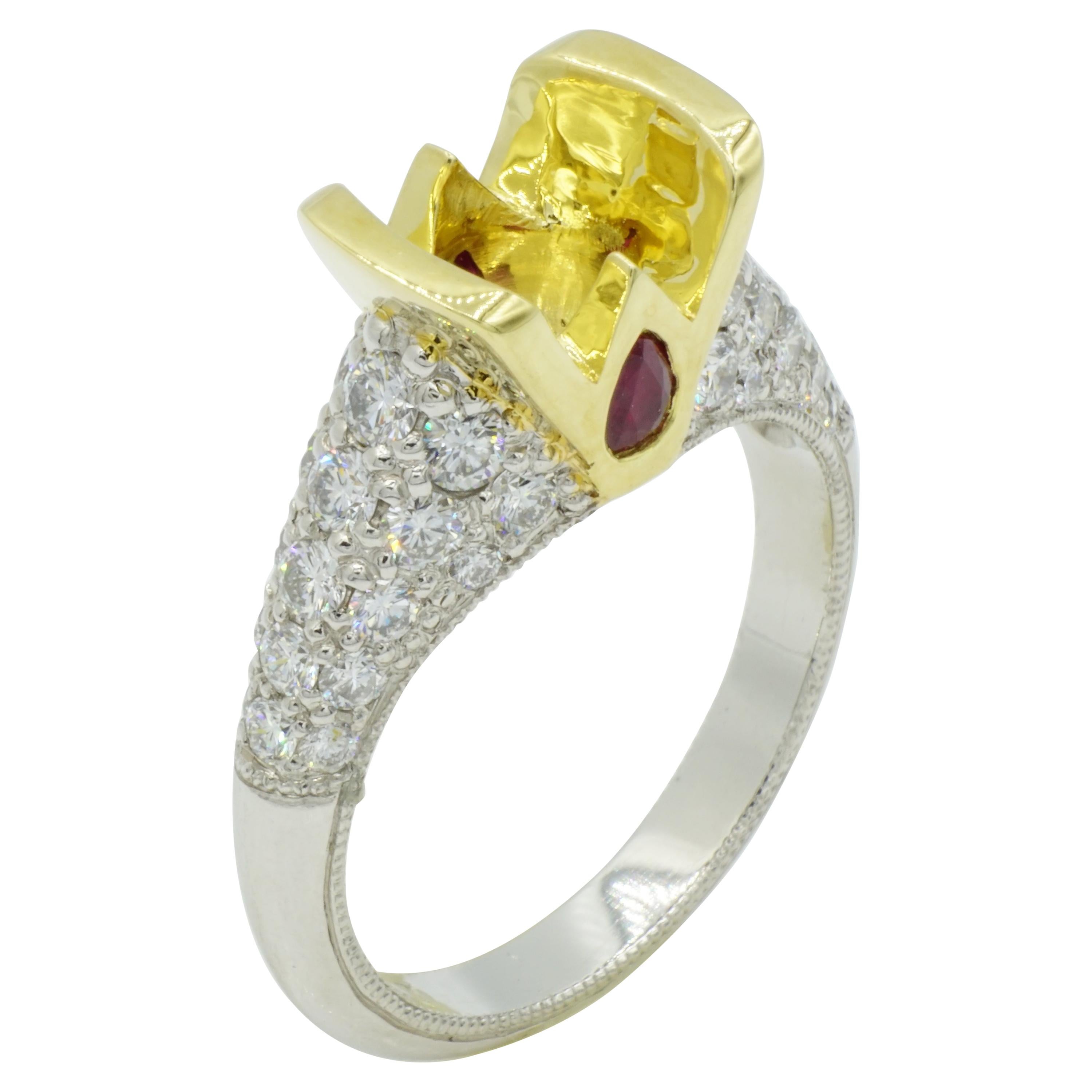 Pave Diamond Ruby Engagement Ring Platinum 18 Karat Yellow Gold Semi-Mount Ring
