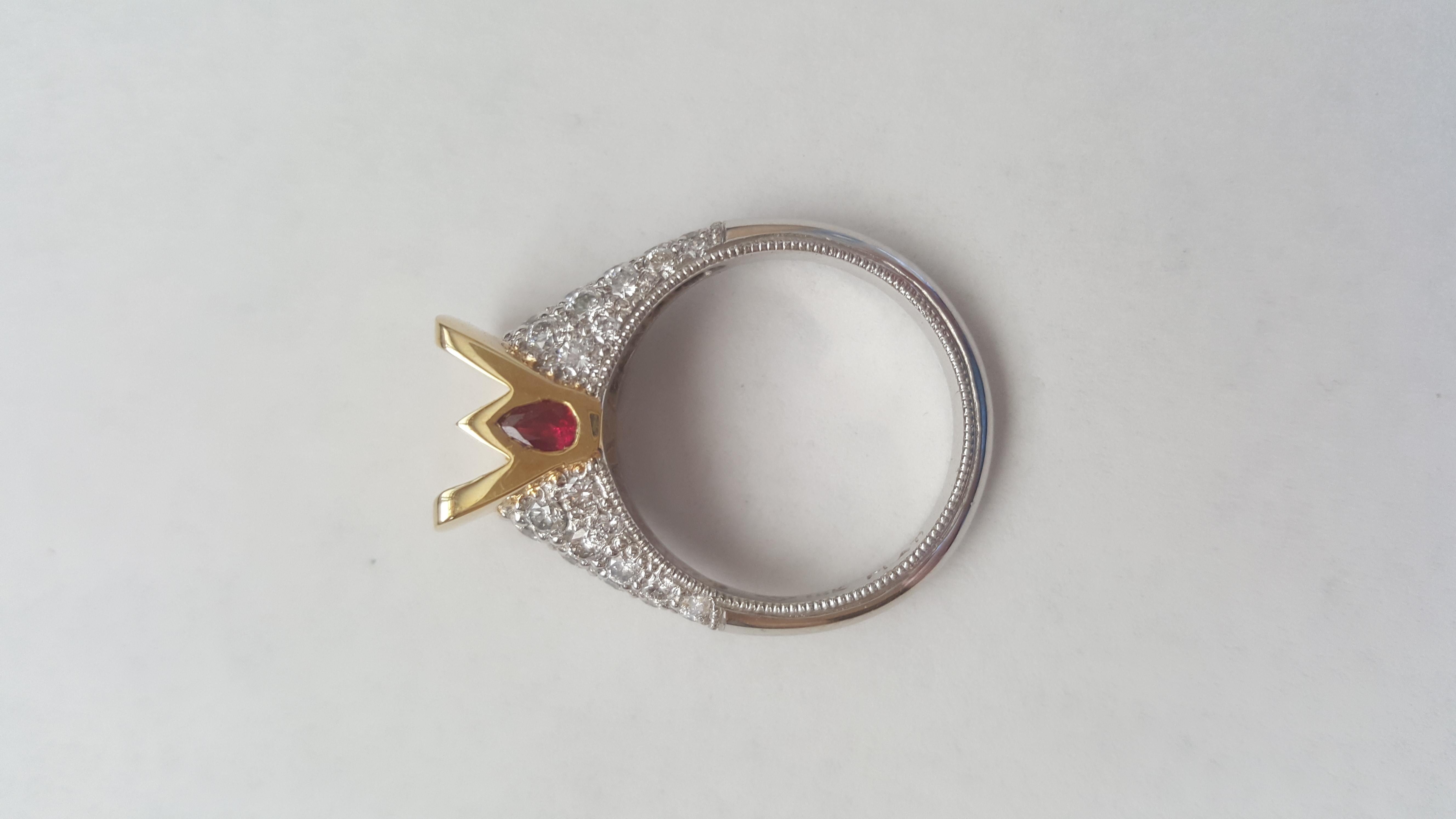 Pave Diamond Ruby Engagement Ring Platinum 18 Karat Yellow Gold Semi-Mount Ring 5
