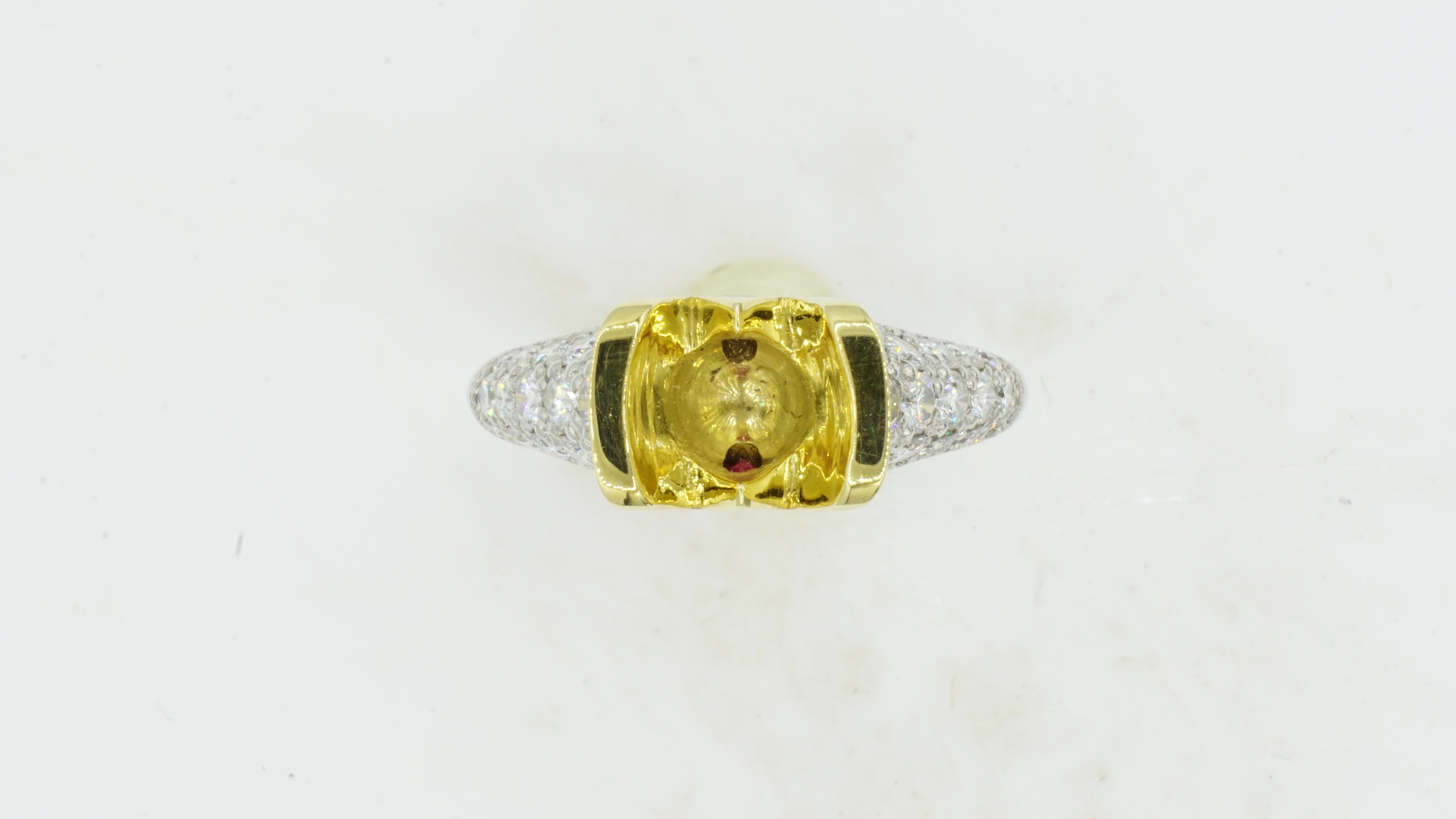 Brand new ring design by Rock N Gold Creations. Platinum and 18kt yellow gold semi-mount ring will make a perfect setting for a 9 mm stone, which is approximately 2.25ct for a diamond. This ring would look beautiful with a fine sapphire or fine ruby