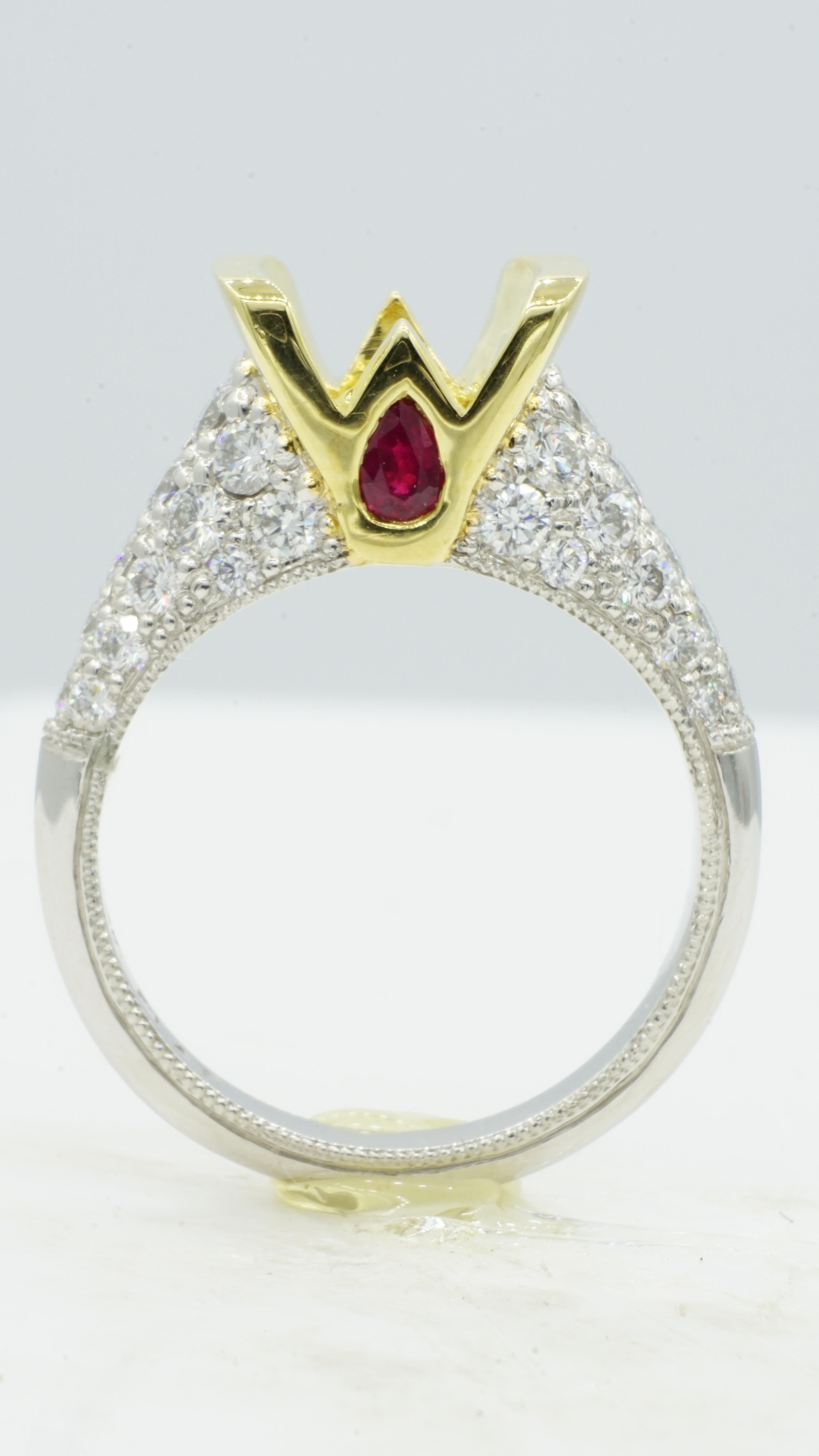 Contemporary Pave Diamond Ruby Engagement Ring Platinum 18 Karat Yellow Gold Semi-Mount Ring
