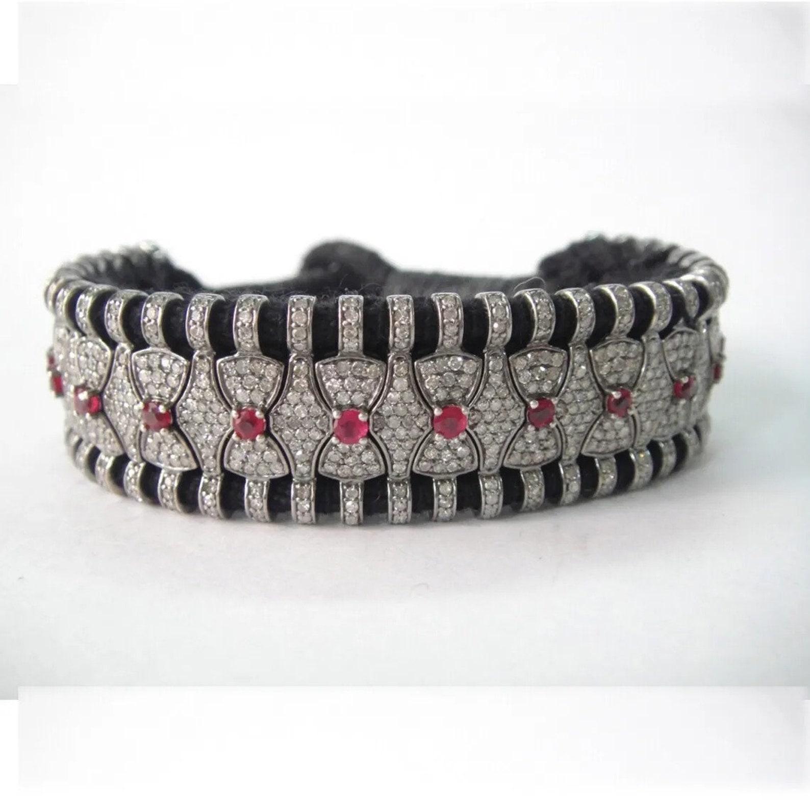 Bracciale Macrame con pavé di diamanti e rubini in argento 925 Gioielli fatti a mano. In condizioni Nuovo in vendita a Chicago, IL